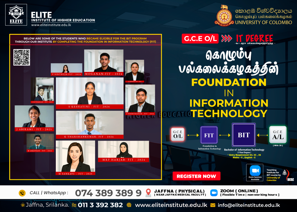 Promotional banner for the Foundation in Information Technology (FIT) programme at Elite Institute of Higher Education, featuring successful FIT graduates who progressed to the University of Colombo School of Computing (UCSC) Bachelor of Information Technology (BIT) degree through the FIT pathway.