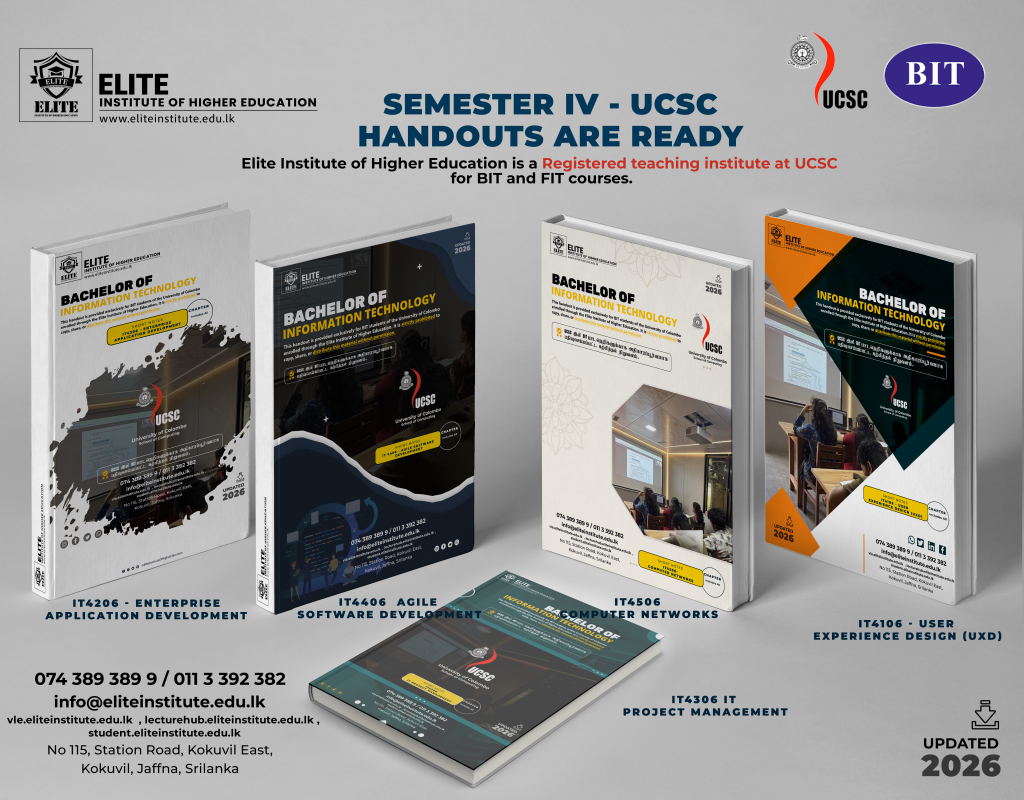 Promotional image featuring updated 2026 Semester IV handbooks for the University of Colombo School of Computing (UCSC) Bachelor of Information Technology (BIT) programme at Elite Institute of Higher Education, covering core computing subjects.