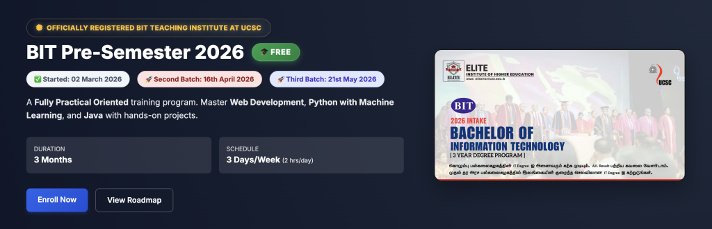 Screenshot of the Elite Institute of Higher Education website highlighting the free BIT Pre-Semester 2026 training programme, including batch schedules, practical curriculum, duration, class schedule, and a University of Colombo School of Computing (UCSC) Bachelor of Information Technology (BIT) promotional banner.