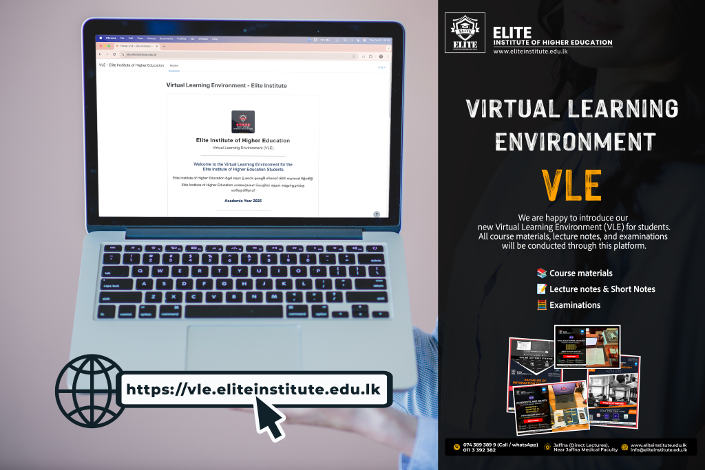 Promotional image showcasing the Virtual Learning Environment (VLE) by Elite Institute of Higher Education, providing University of Colombo School of Computing (UCSC) BIT and FIT students with online access to course materials, lecture notes, examinations, and digital learning resources.