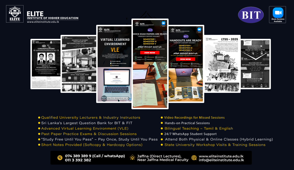 Promotional image highlighting the learning resources and student support available for the University of Colombo School of Computing (UCSC) Bachelor of Information Technology (BIT) programme at Elite Institute of Higher Education, including VLE access, recorded lectures, study notes, past papers, and hybrid learning.