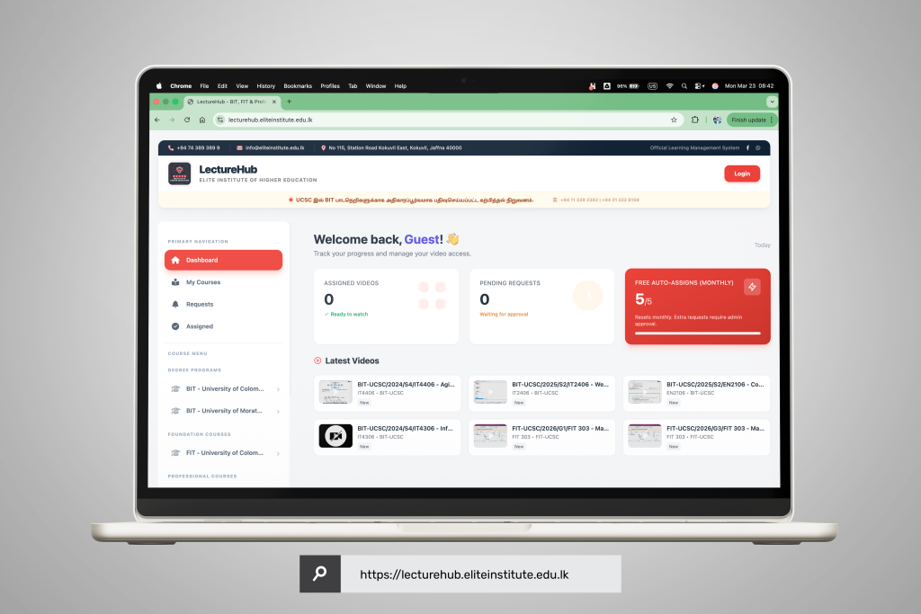 Screenshot of the LectureHub online learning platform by Elite Institute of Higher Education, providing University of Colombo School of Computing (UCSC) BIT and FIT students with access to recorded lectures, course materials, and learning progress.